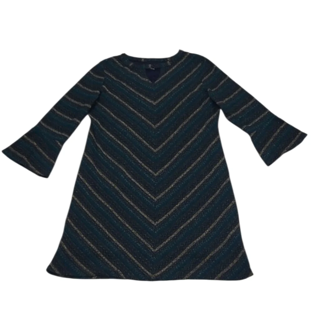 Studio One New York Boho Knit A-Line Dress Long Bell Sleeve Lined Chevron Cutout - Picture 1 of 17